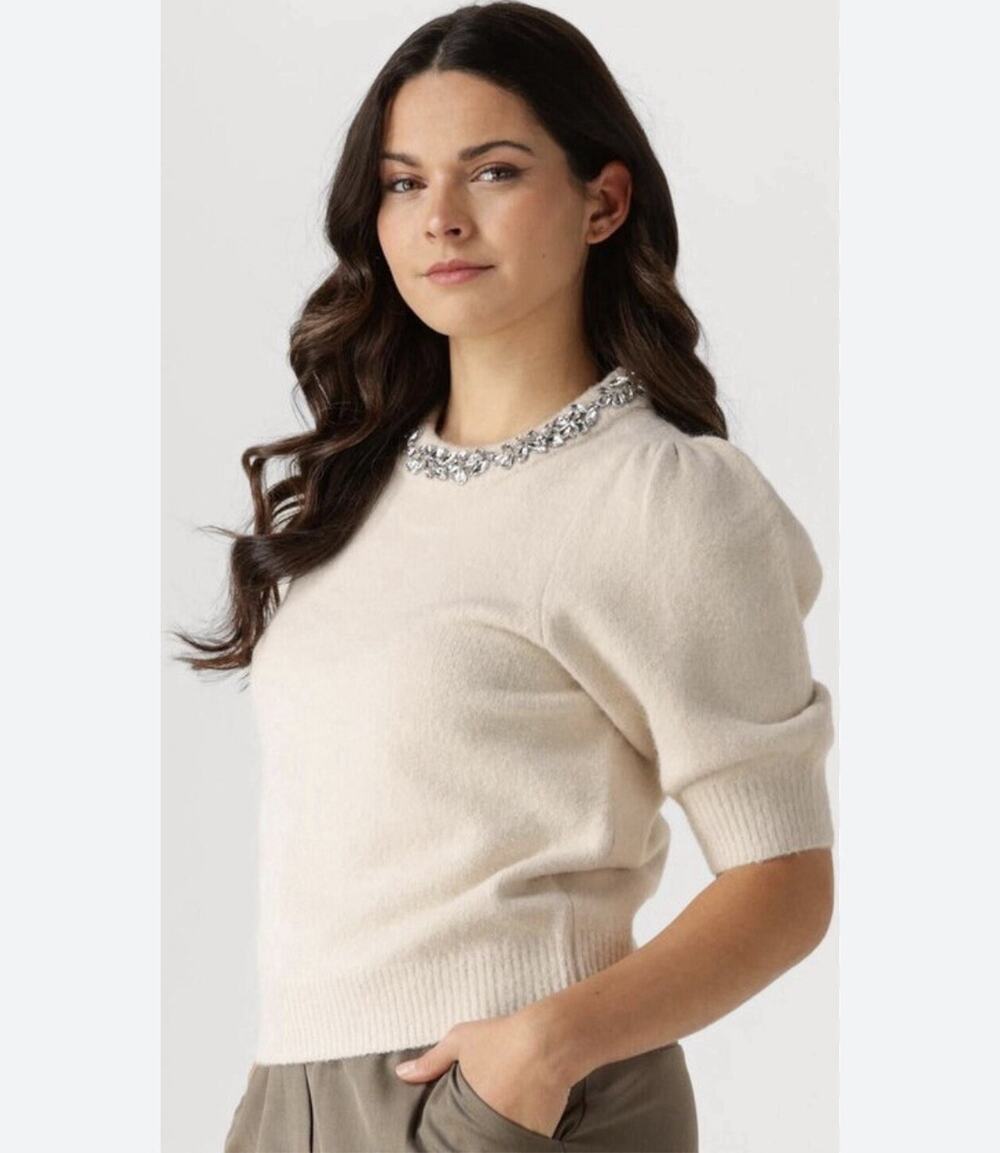 NWT Marled Cream Short Sleeve Knit Sweater Rhinestone Collar Puff Sleeve Size M